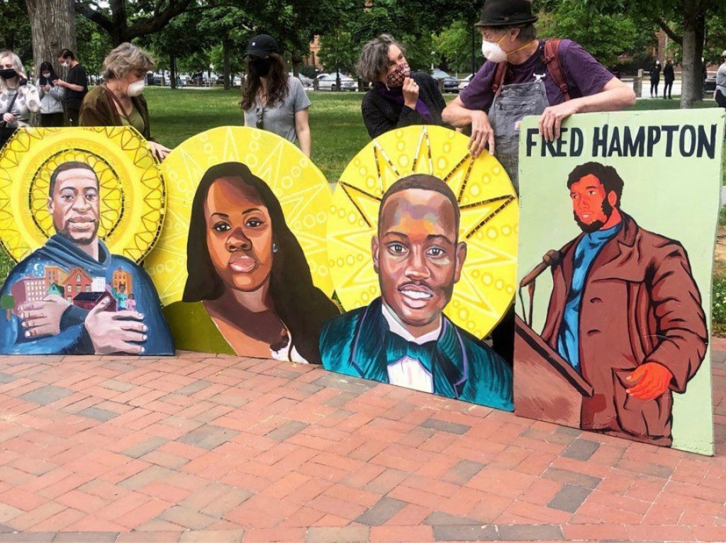 David Fichter (right) with the protest icons at The Movement Continues rally at Cambridge Common, June 7, 2020. (Courtesy David Fichter)