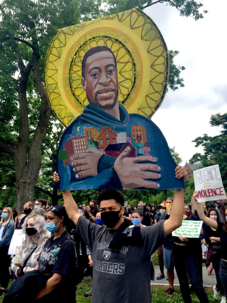 Protest icon of George Floyd at The Movement Continues rally at Cambridge Common, June 7, 2020. (Courtesy David Fichter)
