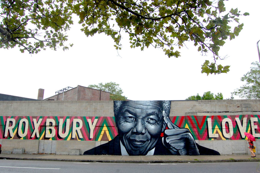 “Roxbury Love” (Mandela) mural painted in 2014 by Richard “Deme5” Gomez and Thomas “Kwest” Burns at Warren Street at Clifford Street in Boston, Sept. 1, 2016. (© Greg Cook photo)