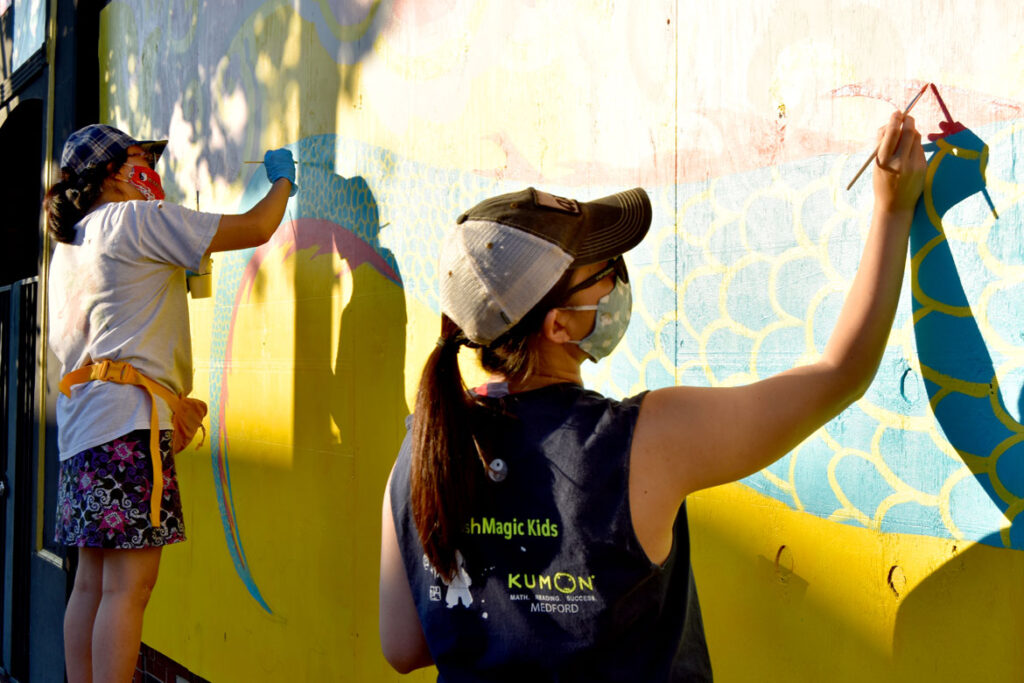 Painting mural at Wah Lum Kung Fu & Thai Chi Academy in Malden, July 25, 2020. (Photo ©Greg Cook)