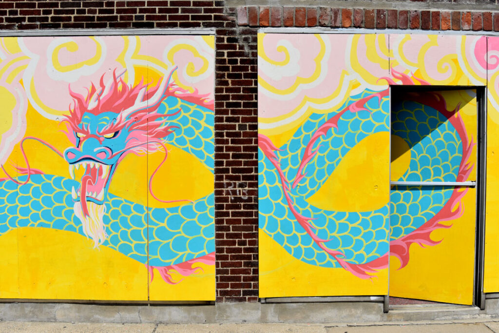 Mural in progress at Wah Lum Kung Fu & Thai Chi Academy in Malden, July 28, 2020. (Photo ©Greg Cook)