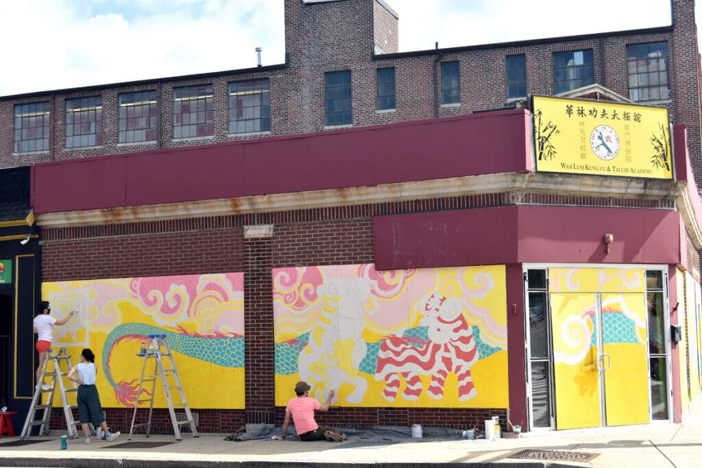 Painting mural at Wah Lum Kung Fu & Thai Chi Academy in Malden, July 29, 2020. (Photo ©Greg Cook)