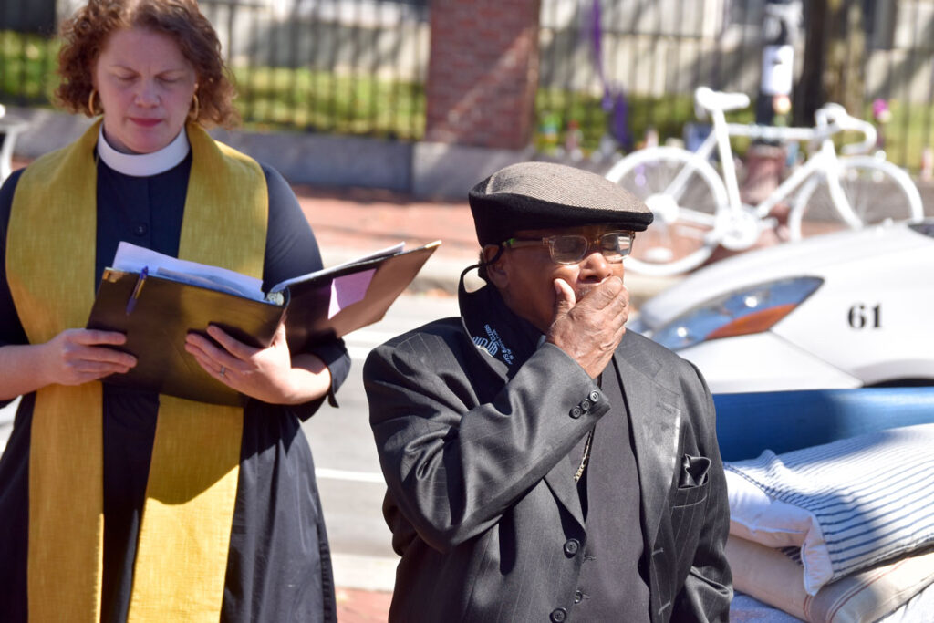 Frank Willis chokes up during the ghost bike dedication in memory of his son Darryl Willis, who was fatally struck by a truck in Cambridge's Harvard Square on Aug. 18. Sept. 19, 2020. (© Greg Cook photo)