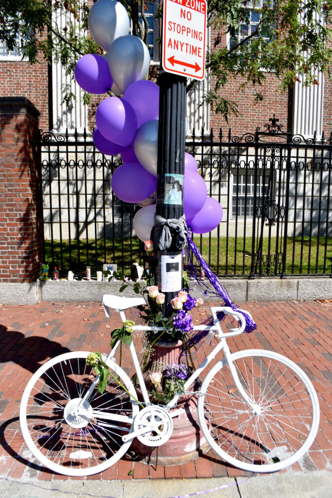 Ghost bike placed in Cambridge's Harvard Square to remember her Darryl Willis, who was fatally struck by a truck there on Aug. 18. Sept. 19, 2020. (© Greg Cook photo)