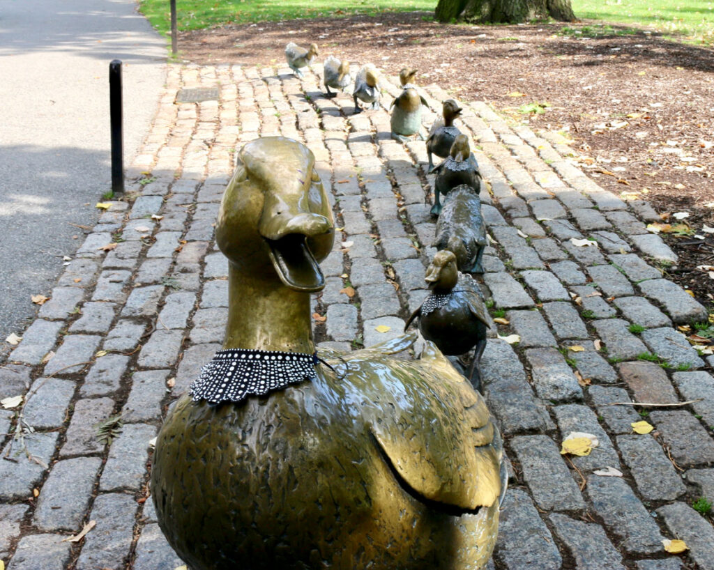 "Make Way for Ducklings" statues in Boston Public Garden outfitted with lacy collars in honor of Ruth Bader Ginsburg by Karyn Alzayer, Oct. 3, 2020. (Photo by Daud Alzayer)