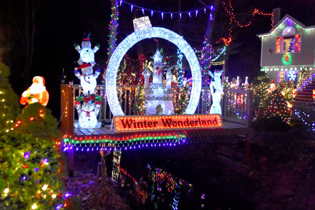 Christmas lights at 16 and 22 Lynn Fells Parkway, Saugus. 2020. (©Greg Cook photo)