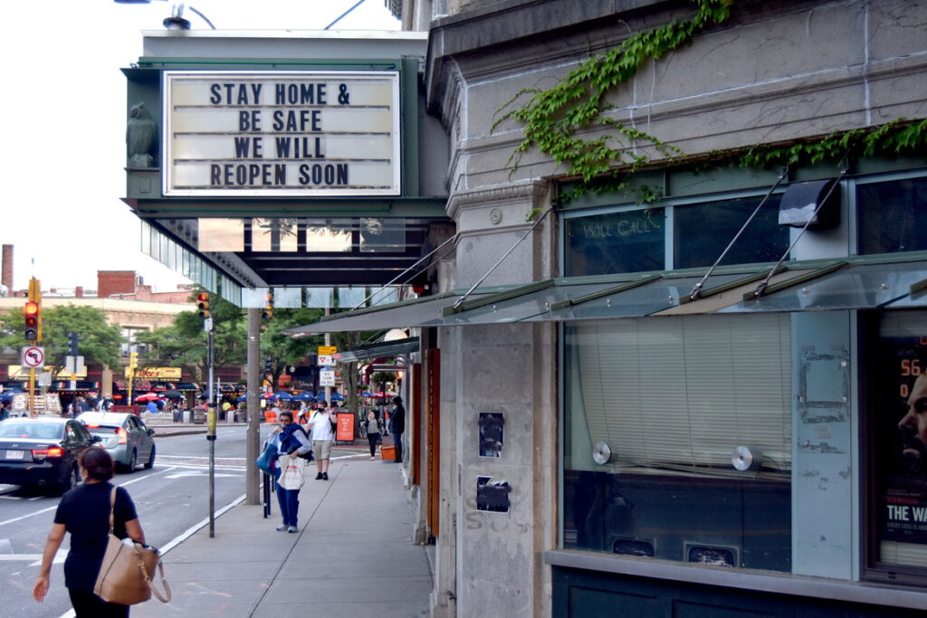 The Marquee of the Somerville Theatre in Davis Square says "Stay Home & Be Safe / We Will Reopen Soon," July 17, 2020. (©Greg Cook photo)