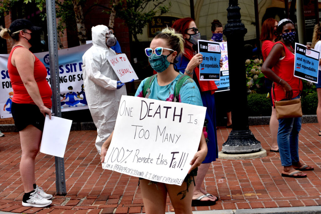 Teachers rallying outside the Massachusetts Department of Education headquarters in Malden to demand remote schooling to prevent the spread of coronavirus, July 30, 2020. (©Kari Percival photo)