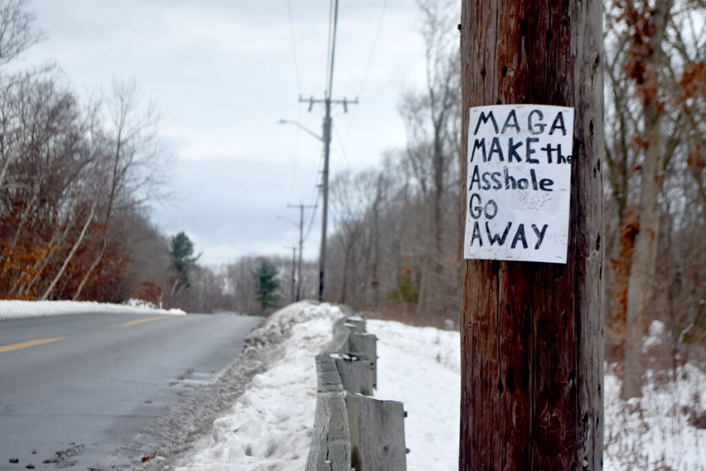 "MAGA Make the Asshole Go Away" sign at Blackburn Industrial Park, Gloucester, Dec. 20, 2020. (©Greg Cook photo)