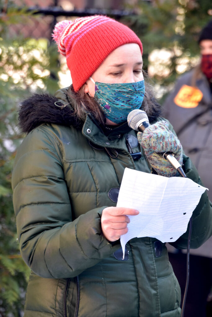 Kari Percival speaks at the Malden Rejects the Coup rally at Malden City Hall, Jan. 10, 2021. (©Greg Cook photo)