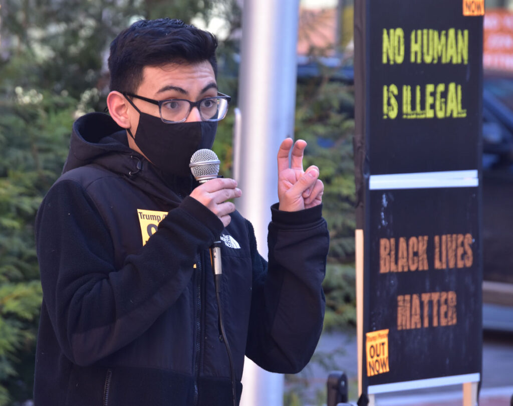 Diego Maldonado speaks at the Malden Rejects the Coup rally at Malden City Hall, Jan. 10, 2021. (©Greg Cook photo)