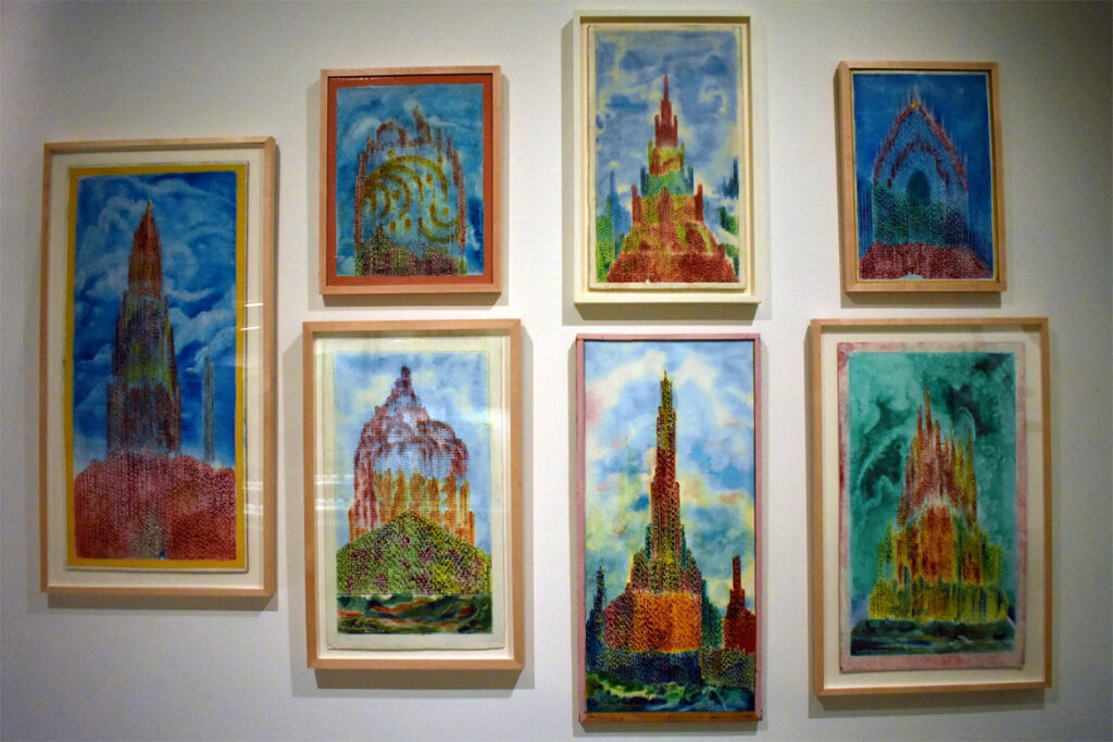 Eugene Von Bruenchenhein's paintings of visionary cities at the Art Preserve of the Kohler Arts Center in Sheboygan, Wisconsin, July 2, 2021. (©Greg Cook photo)
