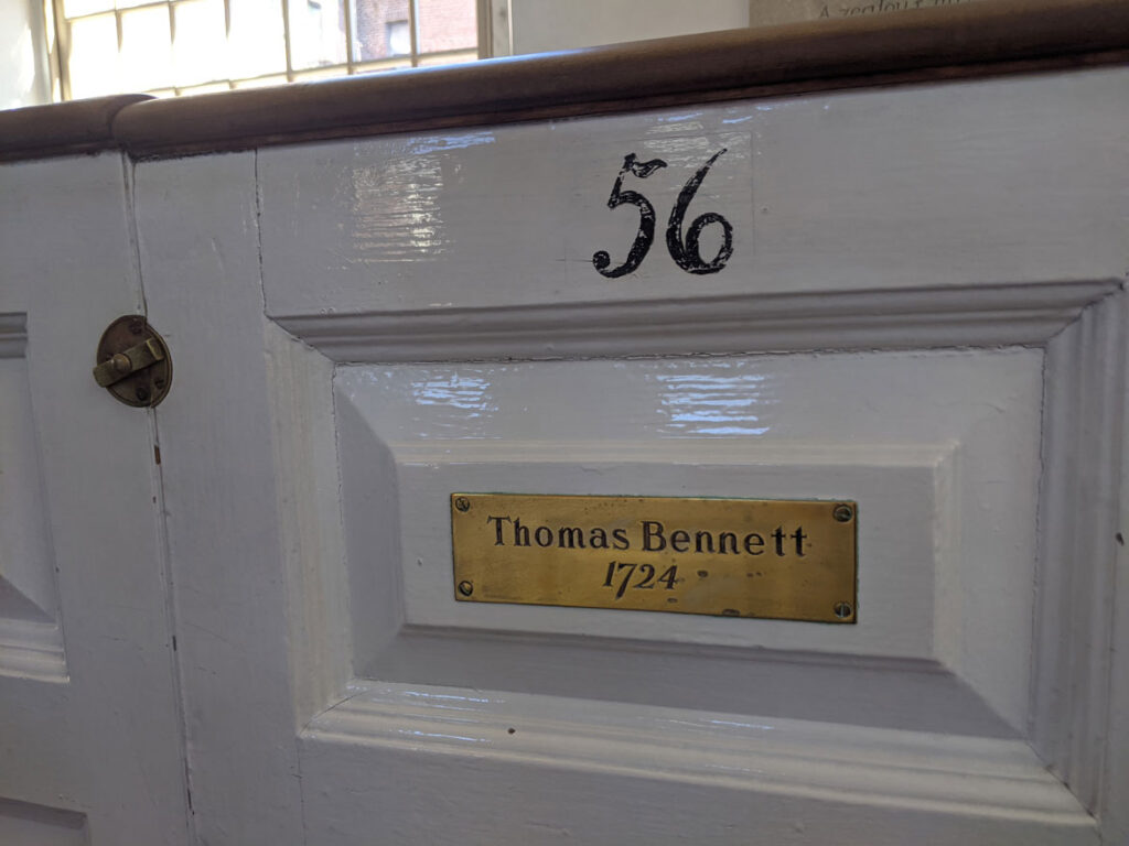 The pew of Thomas Bennett, who fashioned the red wooden case with bronze moldings, for the 1726 Avery-Bennett clock at Boston's Old North Church. (Courtesy Old North Church & Historic Site)