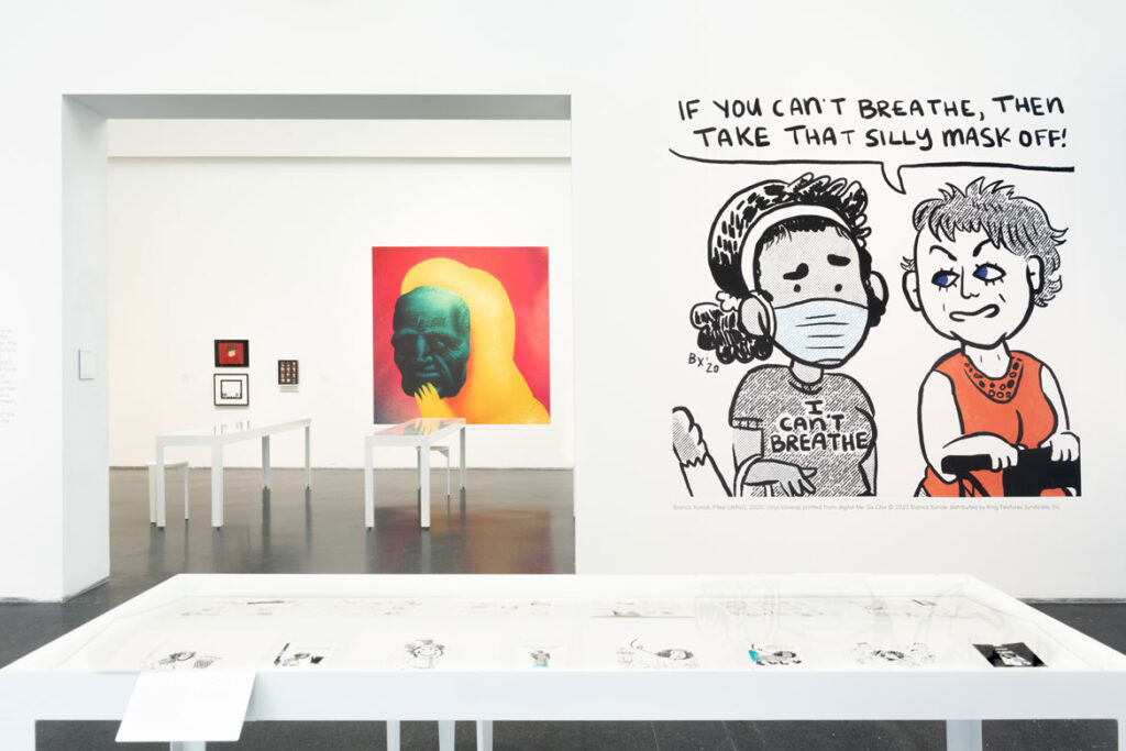 Gallery with enlargement of Bianca Xunise’s 2020 “Six Chix” strip. In “Chicago Comics” at Chicago’s Museum of Contemporary Art, 2021. (Photo: Nathan Keay, © MCA Chicago)