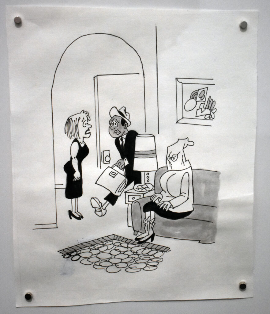 Charles Johnson, “Brace yourself, mother is visiting again” from “Black Humor,” 1970, ink on paper redrawn 2020. In “Chicago Comics” at Chicago’s Museum of Contemporary Art, July 3, 2021. (©Greg Cook photo)