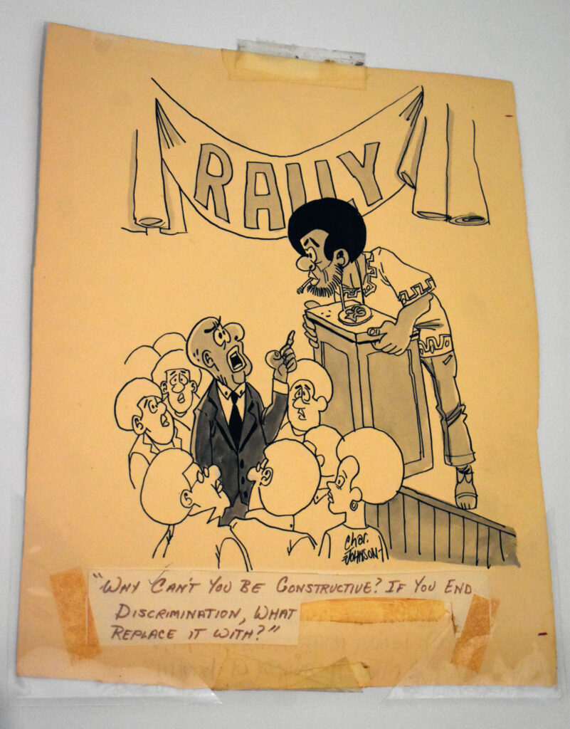 Charles Johnson, from “Beautiful Black Humor for Everyone,” 1971, ink on paper. In “Chicago Comics” at Chicago’s Museum of Contemporary Art, July 3, 2021. (©Greg Cook photo)