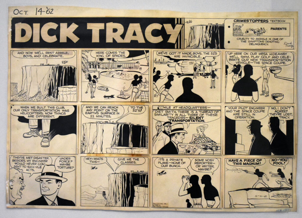 Chester Gould, “Dick Tracy,” 1962, ink on board. In “Chicago Comics” at Chicago’s Museum of Contemporary Art, July 3, 2021. (©Greg Cook photo)