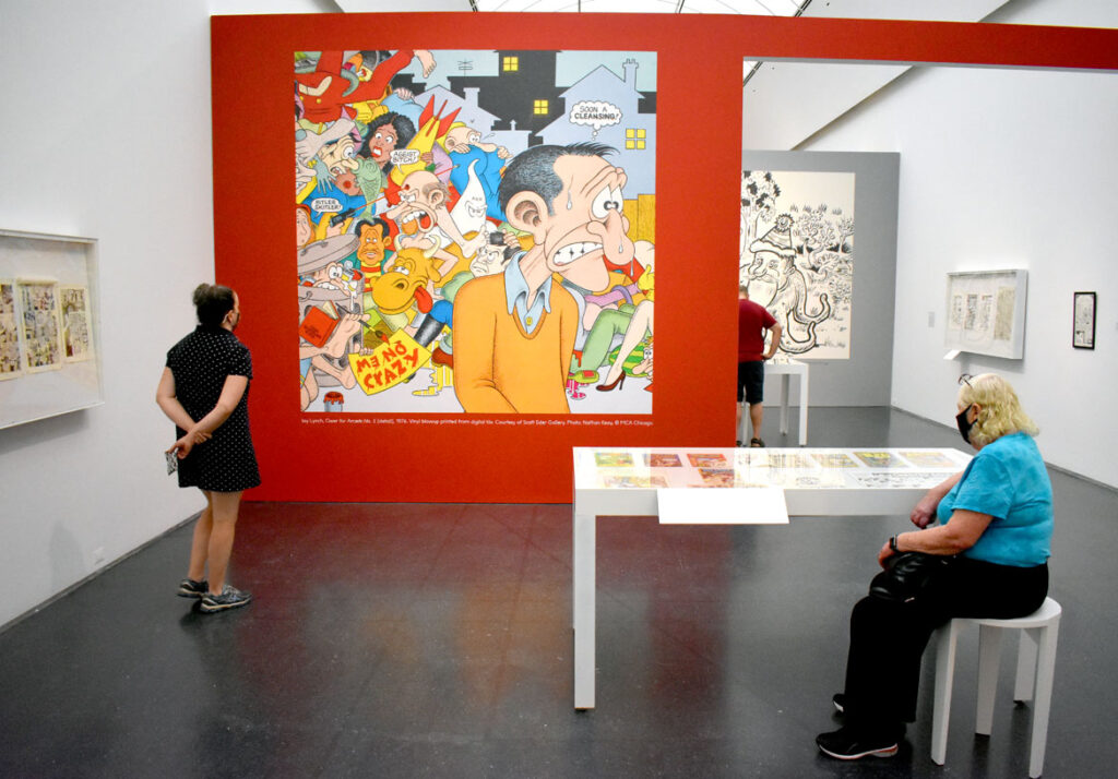 Gallery with enlargement of Jay Lynch’s cover for “Arcade No. 5,” 1976. In “Chicago Comics” at Chicago’s Museum of Contemporary Art, July 3, 2021. (©Greg Cook photo)