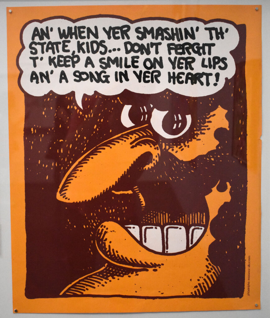 Skip Williamson, “An’ When Yer Smashing’ Th’ State, Kids,” 1971, ink on paper. In “Chicago Comics” at Chicago’s Museum of Contemporary Art, July 3, 2021. (©Greg Cook photo)