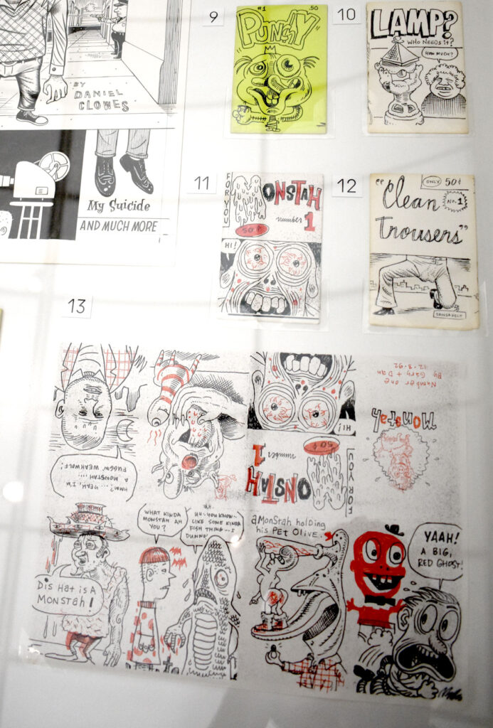 Photocopied mini comics collaborations by Terry LaBan, Gary Lieb, Daniel Clowes, Chris Ware and Archer Prewitt, 1991 and ’92. In “Chicago Comics” at Chicago’s Museum of Contemporary Art, July 3, 2021. (©Greg Cook photo)