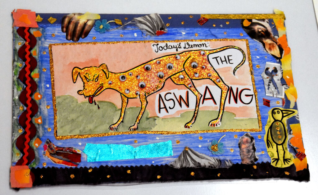 Lynda Barry, “Today’s Demon: Aswang,” 2000-02, ink and watercolor on board. In “Chicago Comics” at Chicago’s Museum of Contemporary Art, July 3, 2021. (©Greg Cook photo)
