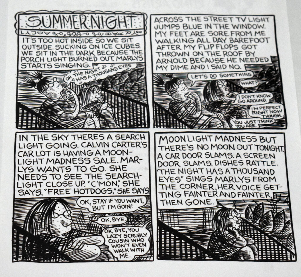 Lynda Barry, “Summer Night,” 2001, ink on paper. In “Chicago Comics” at Chicago’s Museum of Contemporary Art, July 3, 2021. (©Greg Cook photo)
