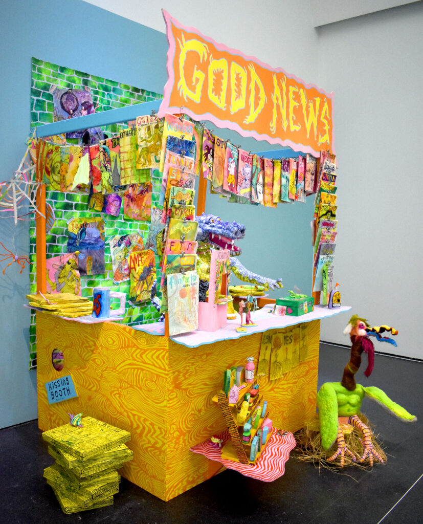 Molly Colleen O’Connell, “Extra Extra Extra,” 2020-21, multimedia installation. In “Chicago Comics” at Chicago’s Museum of Contemporary Art, July 3, 2021. (©Greg Cook photo)
