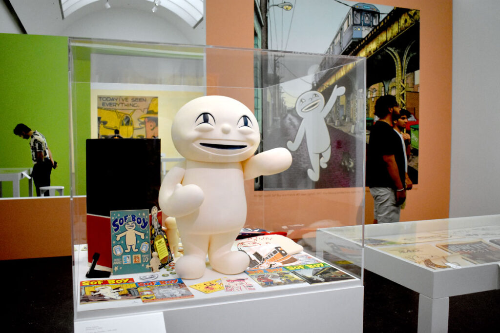 Archer Prewitt, “Sof’ Boy merchandise,” c. 1990-2020. In “Chicago Comics” at Chicago’s Museum of Contemporary Art, July 3, 2021. (©Greg Cook photo)