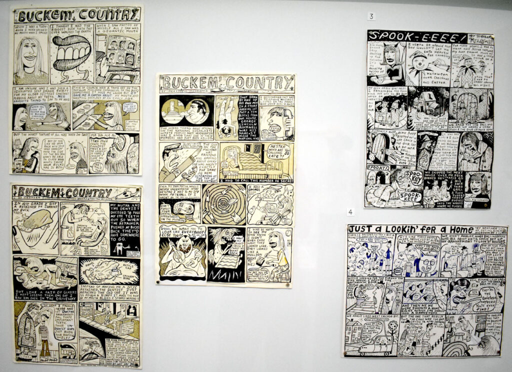 Heather McAdams comics from 1990s, ink on board. In “Chicago Comics” at Chicago’s Museum of Contemporary Art, July 3, 2021. (©Greg Cook photo)