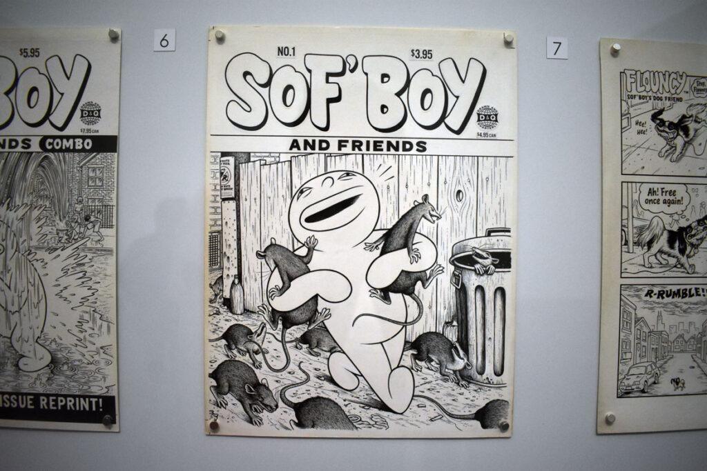 Archer Prewitt, “Sof’ Boy: Sof’ Boy and Friends” #1, cover, 1996, ink and Wite-Out on board. In “Chicago Comics” at Chicago’s Museum of Contemporary Art, July 3, 2021. (©Greg Cook photo)