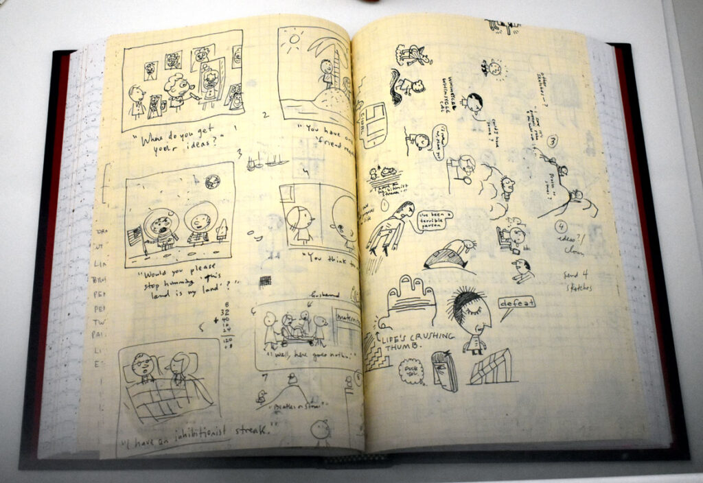 Ivan Brunetti, sketchbook, 2000s. In “Chicago Comics” at Chicago’s Museum of Contemporary Art, July 3, 2021. (©Greg Cook photo)