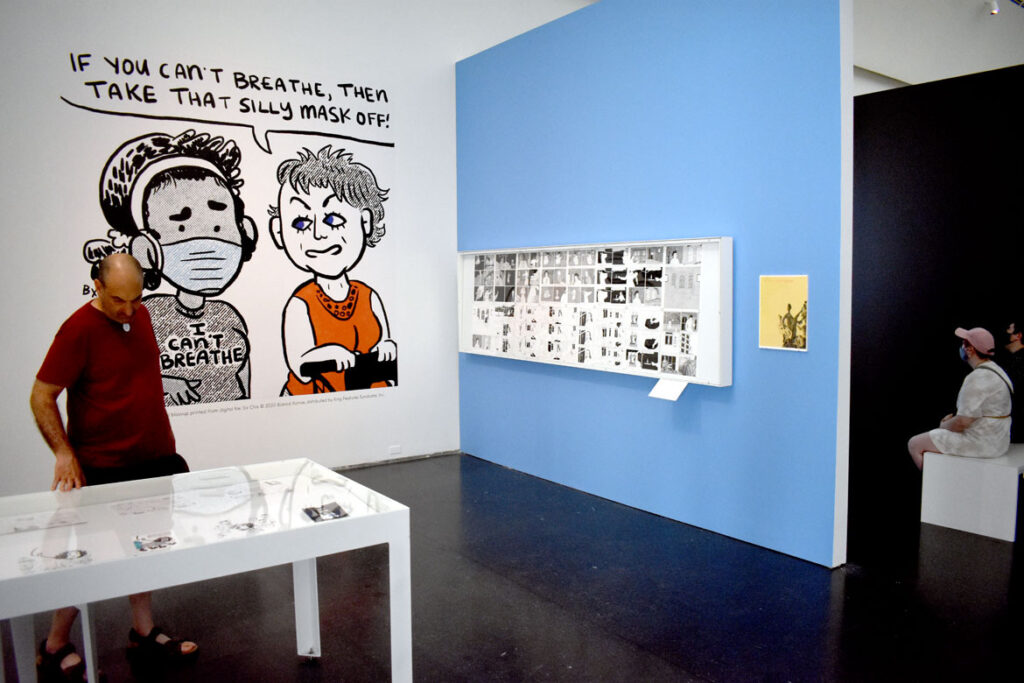 Gallery with enlargement of Bianca Xunise’s 2020 “Six Chix” strip. In “Chicago Comics” at Chicago’s Museum of Contemporary Art, July 3, 2021. (©Greg Cook photo)