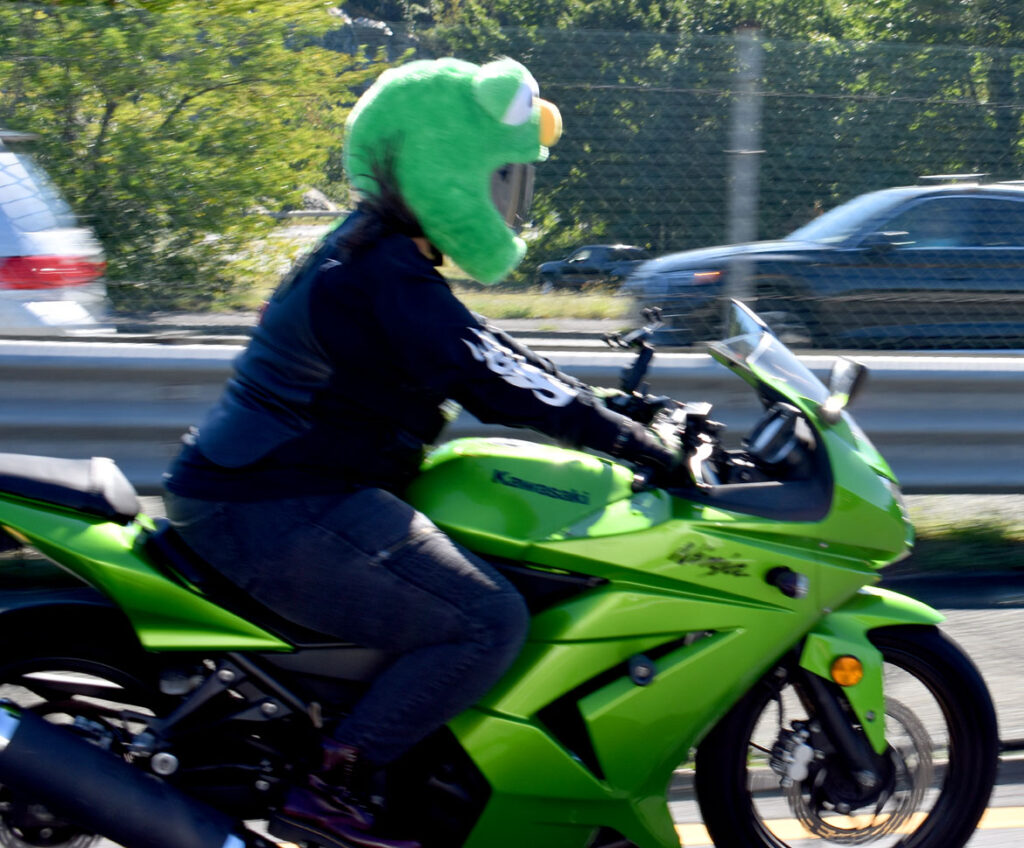 A Muppet motorcyclist rides with Cruiser Club Boston south along Route 1, through Saugus, Sept. 19, 2021. (©Greg Cook photo)