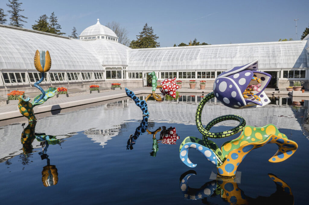Yayoi Kusama, "Hymn of Life—Tulips," 2007, at The New York Botanical Garden, 2021. Mixed media. (Collection of the City of Beverly Hills)