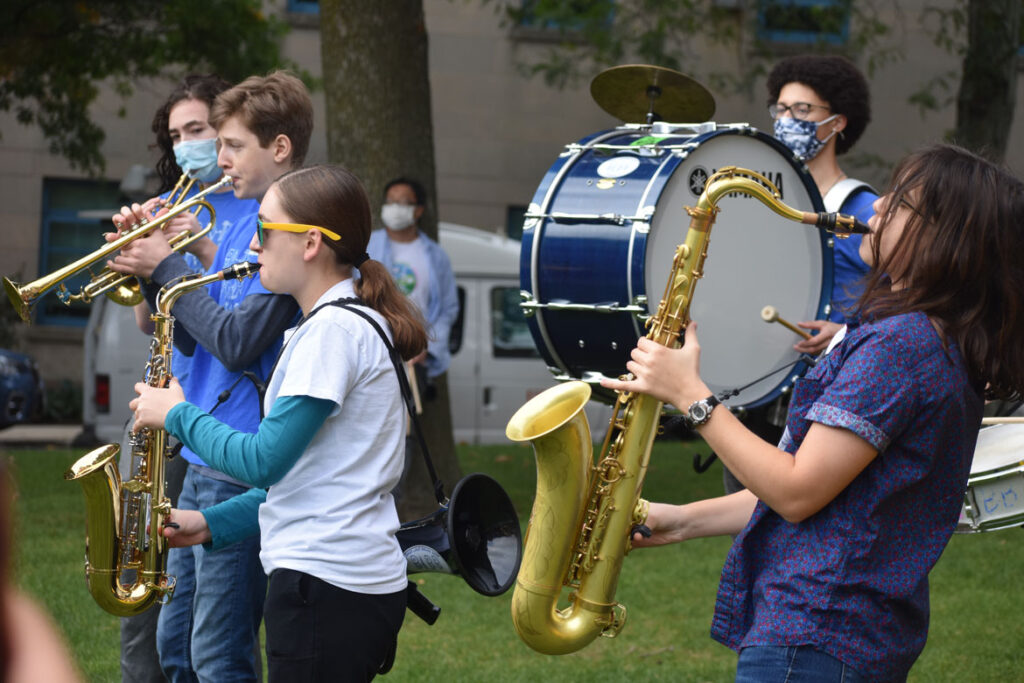 Band Land Brass Band plays at Honk For Our Future, 4 Years to Save the Planet anti-global warming rally at City Hall, Cambridge, in collaboration with Extinction Rebellion Youth, Oct. 9, 2021. (©Greg Cook photo)