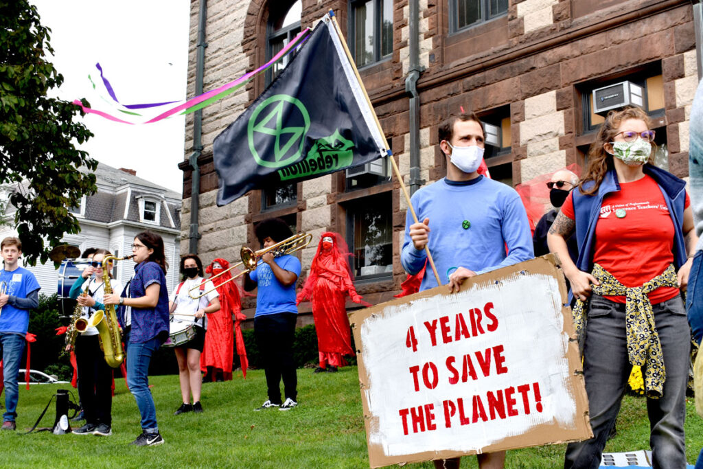 Band Land Brass Band plays at Honk For Our Future, 4 Years to Save the Planet anti-global warming rally at City Hall, Cambridge, in collaboration with Extinction Rebellion Youth, Oct. 9, 2021. (©Greg Cook photo)