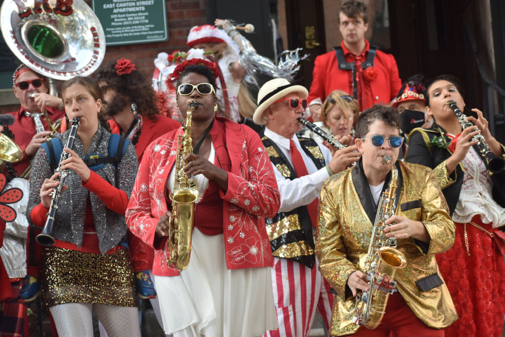 Extraordinary Rendition Band performs at a rally to oppose luxury development and support affordable housing, in collaboration with the Mass Alliance of HUD Tenants, on east Canton Street, Boston, Oct. 9, 2021. (©Greg Cook photo)