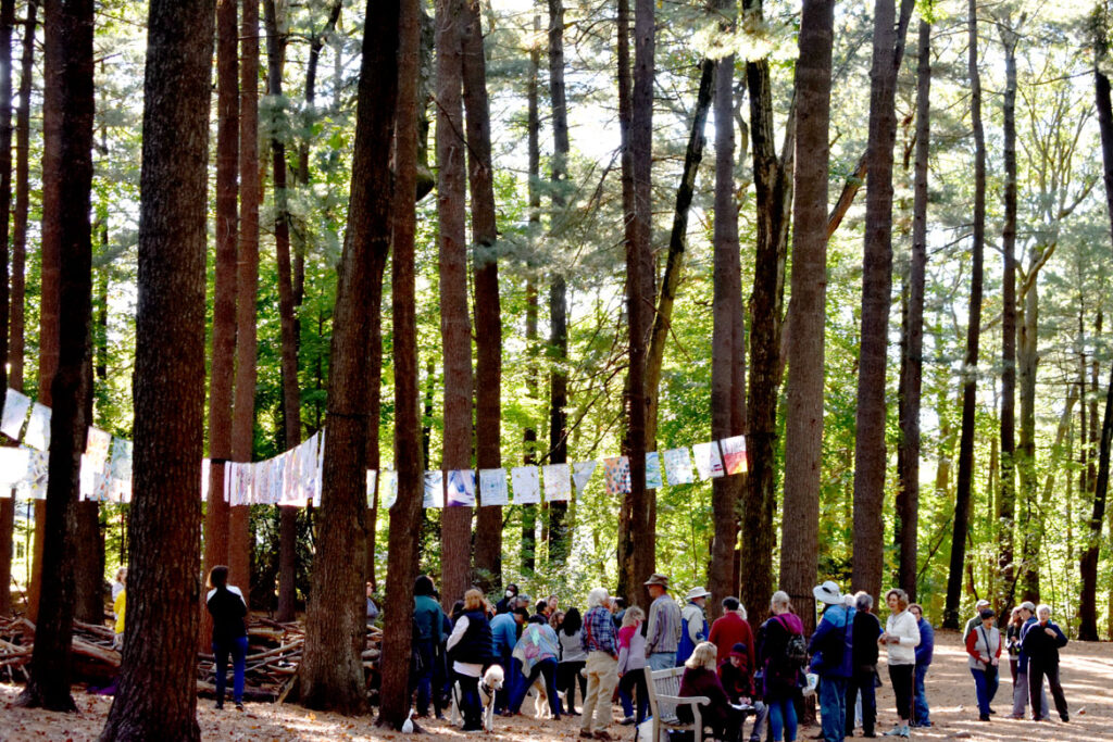 Nilou Moochhala's meditation flags at Menotomy Rocks Park in Arlington, Oct. 23, 2021. (©Greg Cook photo)