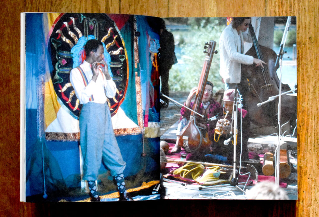 From the 2021 book “Organic Music Societies." Left: Don Cherry performing in front of Moki Cherry tapestry, c. 1978. Right: Moki Cherry, Don Cherry and bass player, c.1974. (Blank Forms)