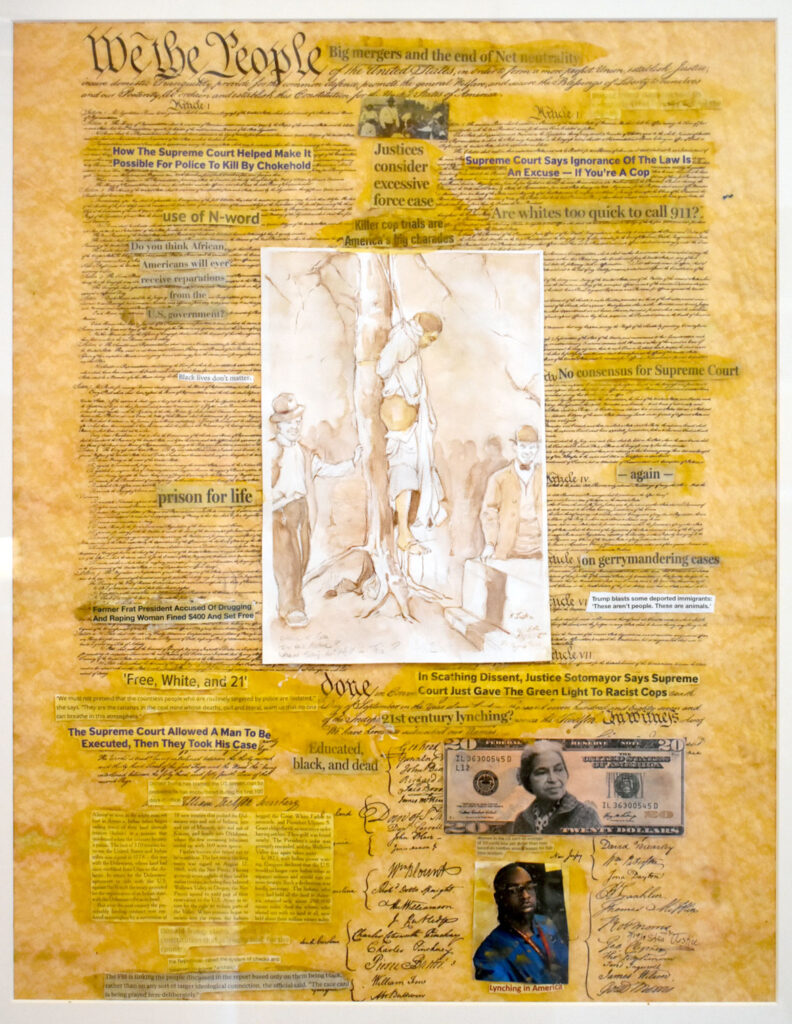 Shea Justice's “Lynching: A Proud American Tradition,” 2014, in “Layered Time: Shea Justice—Scrolls of Justice” at Spoke Gallery, Boston, Sept. 30, 2021.