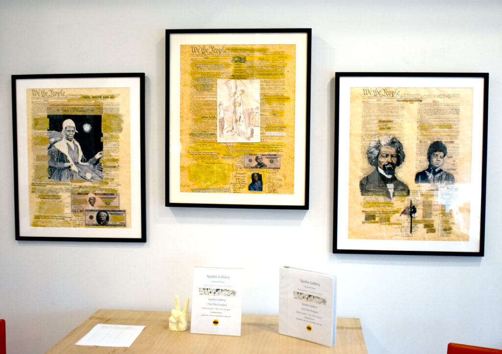 Shea Justice's (left to right) “Constitution and Black Women,” 2017; “Lynching: A Proud American Tradition,” 2014; and “The U.S. Justice System and the Constitution,” 2016, in “Layered Time: Shea Justice—Scrolls of Justice” at Spoke Gallery, Boston, Sept. 30, 2021.