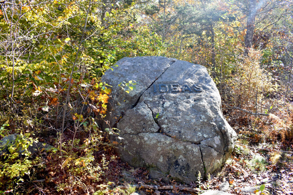 Ideas boulder in Gloucester's Dogtown woods, Nov. 6, 2021. (©Greg Cook photo)