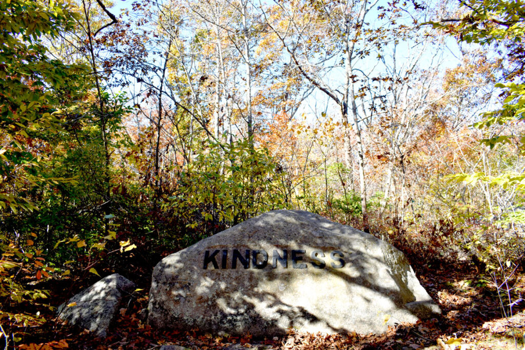 Kindness boulder in Gloucester's Dogtown woods, Nov. 6, 2021. (©Greg Cook photo)