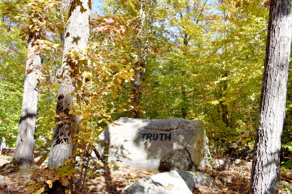 Truth boulder in Gloucester's Dogtown woods, Nov. 6, 2021. (©Greg Cook photo)