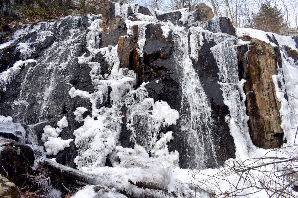 The Cascade waterfall along Shilly Shally Brook in the Middlesex Fells in Melrose, Feb. 19, 2022. (©Greg Cook 2022)