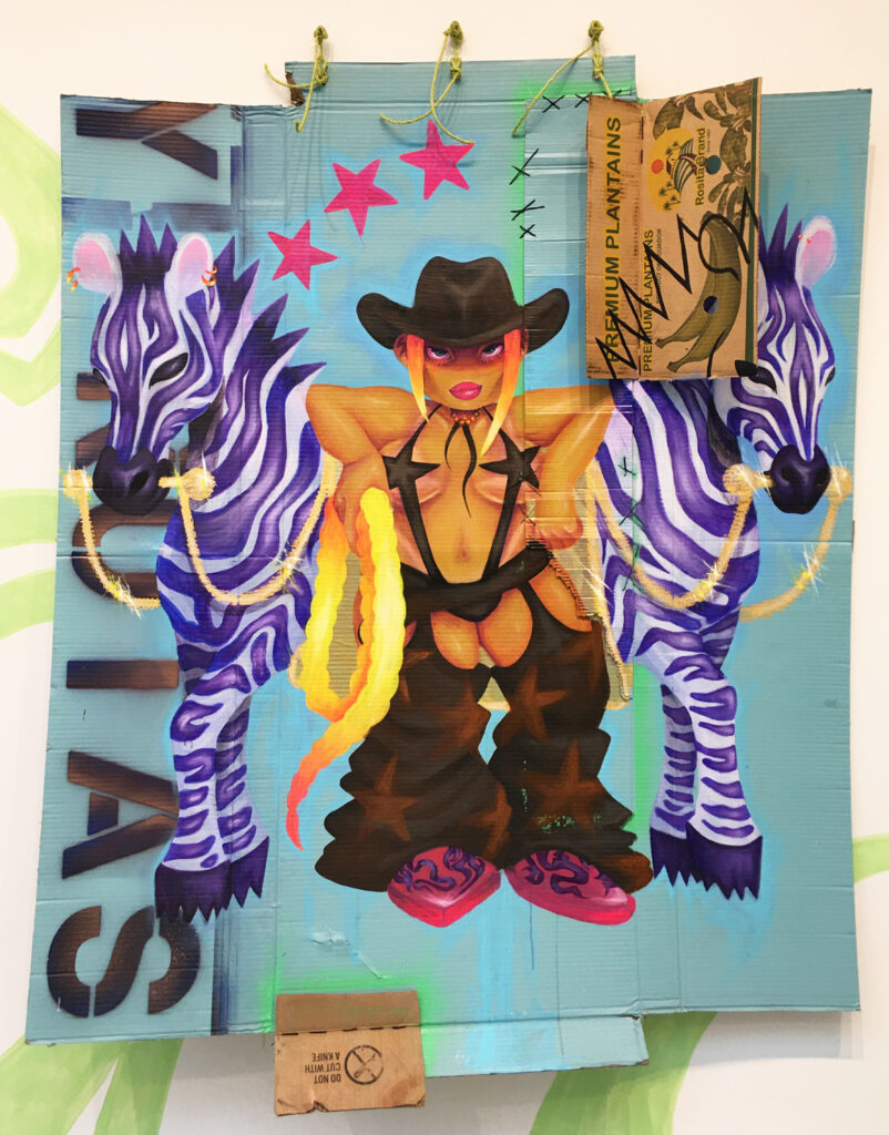 Rixy, “2 In a Room - Giddy Up (1995)” 2022, 70x85in, Spray paint, acrylic, ink, oil stick, + thread on treated cardboards, with twill rope.