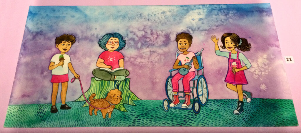 Noah Grigni’s original watercolor illustrations from their 2019 children’s book “It Feels Good To Be Yourself,” written by Theresa Thorn, on view at Boston Children's Museum, April 2022. (Courtesy the museum)