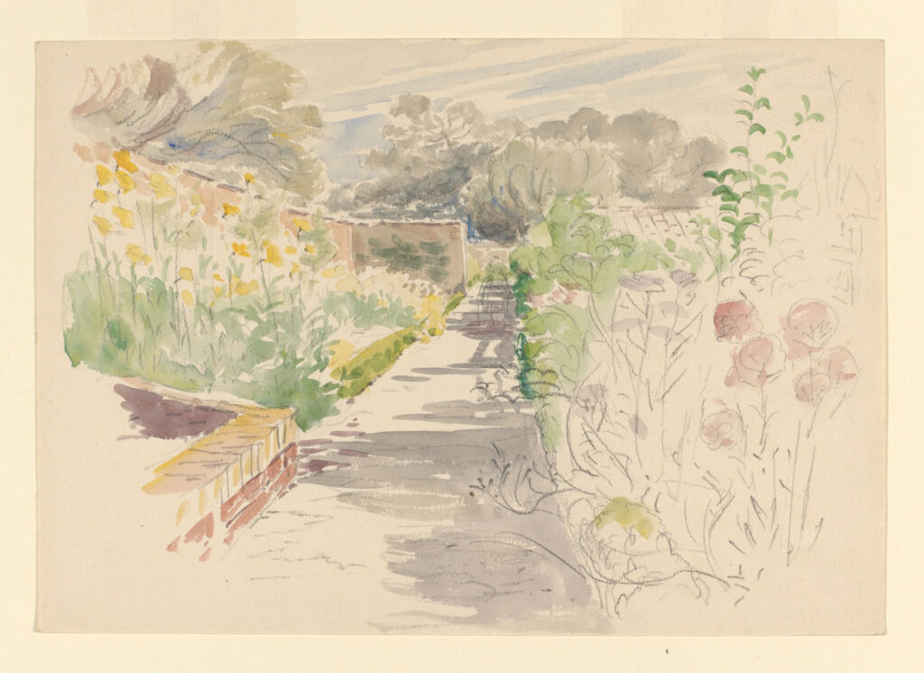 Garden at Gwaynynog Hall, Denbighshire (later home of The Flopsy Bunnies), probably March 1909. Watercolour and pencil on paper, given by the Linder Collection. © Victoria and Albert Museum, London, courtesy Frederick Warne & Co Ltd.