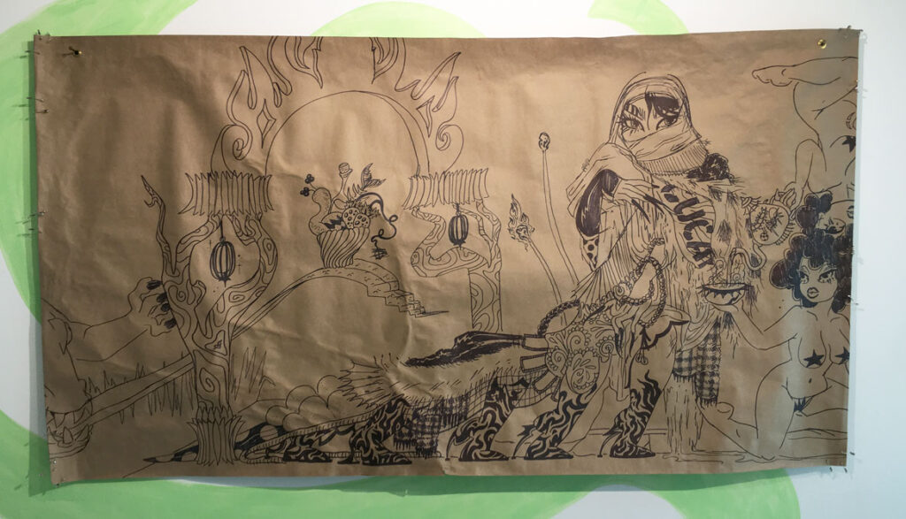 Rixy, “Sketch X: An offering to Her,” 2021, 30x48in, Marker on craft paper + fabric.