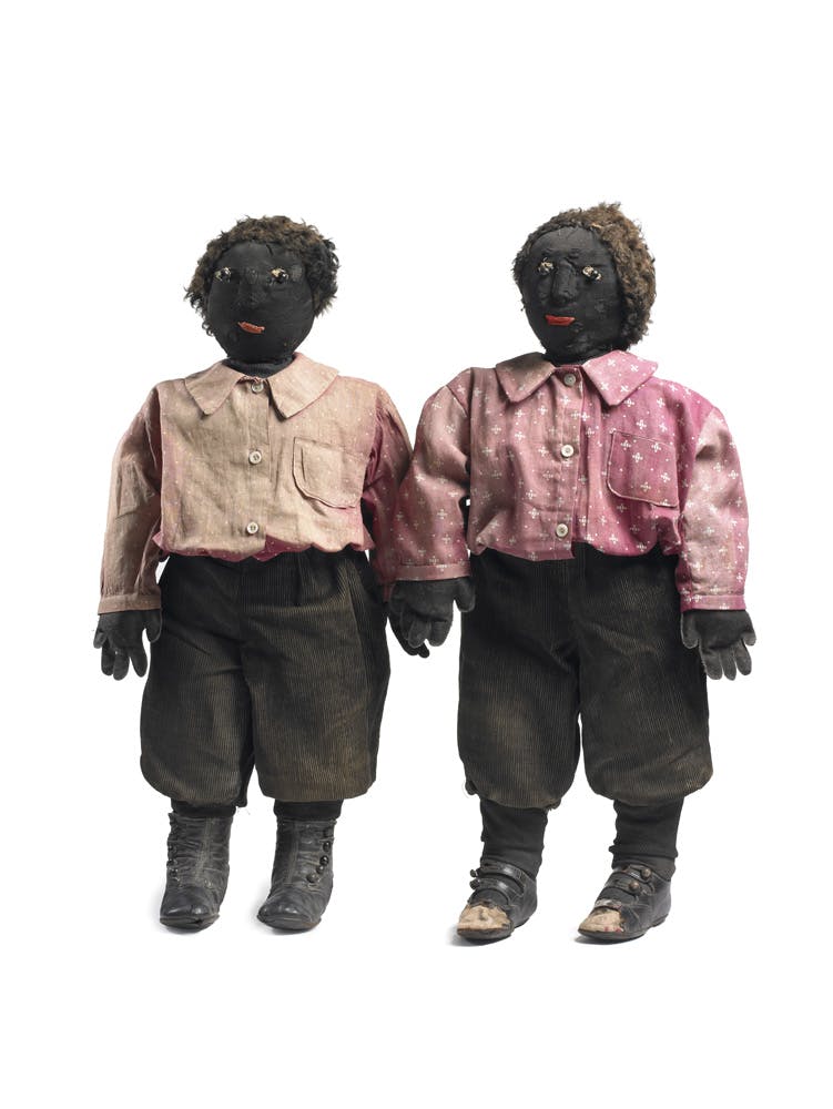 Pair of dolls with corduroy knickers, ca. 1895- 1915, possibly New Hampshire